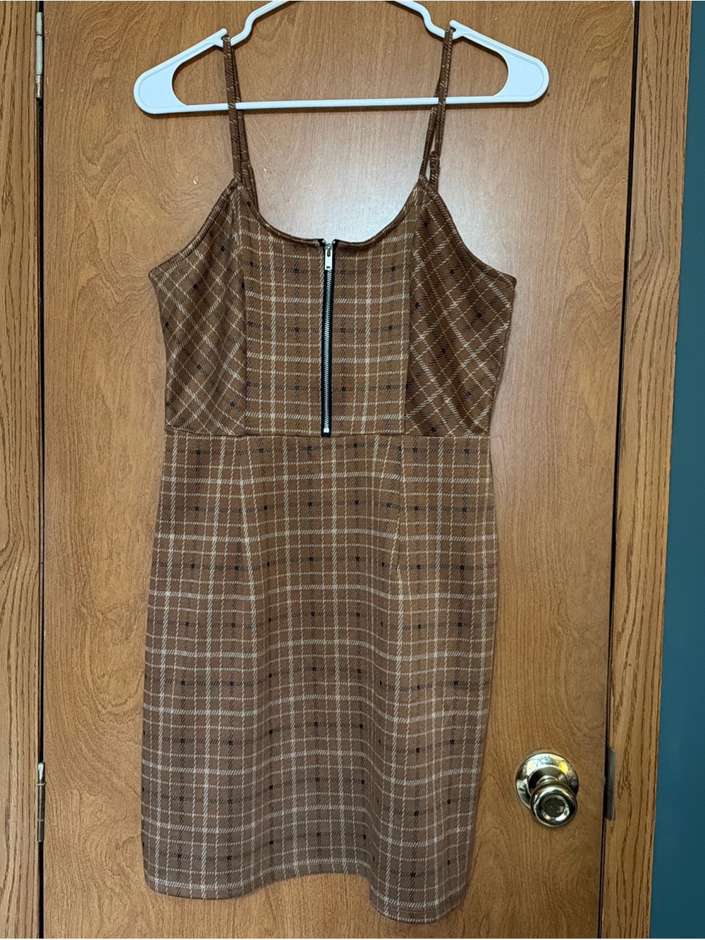 No Boundaries Brown Plaid Spaghetti-Strap Mini Dress with Front Zip